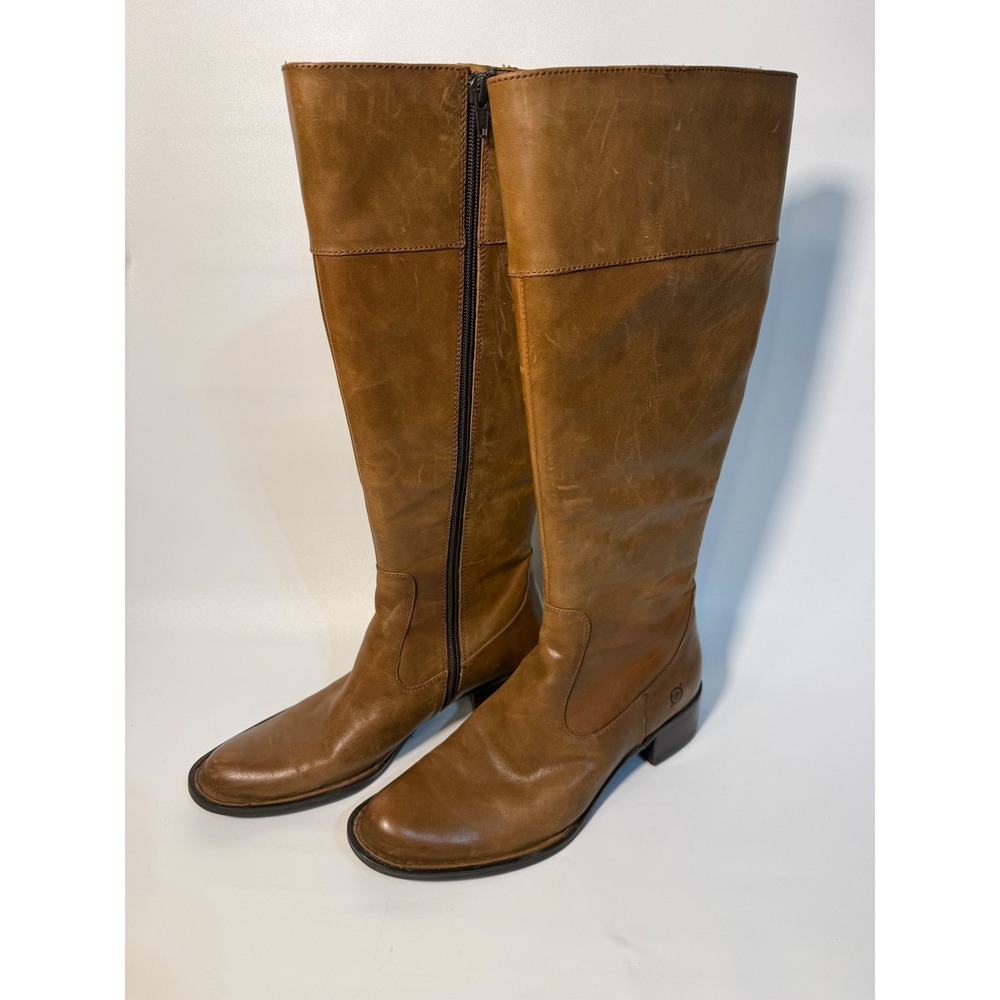 Born Boots Women's 7.5 Leather Knee‎ High Tan Brown Side Zip Block Heel